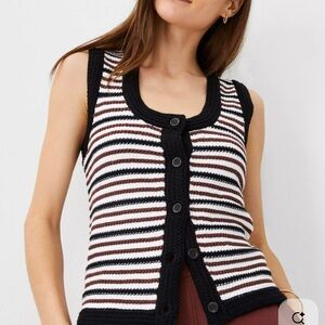 Ann Taylor SZ XL Cotton Crochet Knit Button Up Striped Sweater Vest Preppy Core